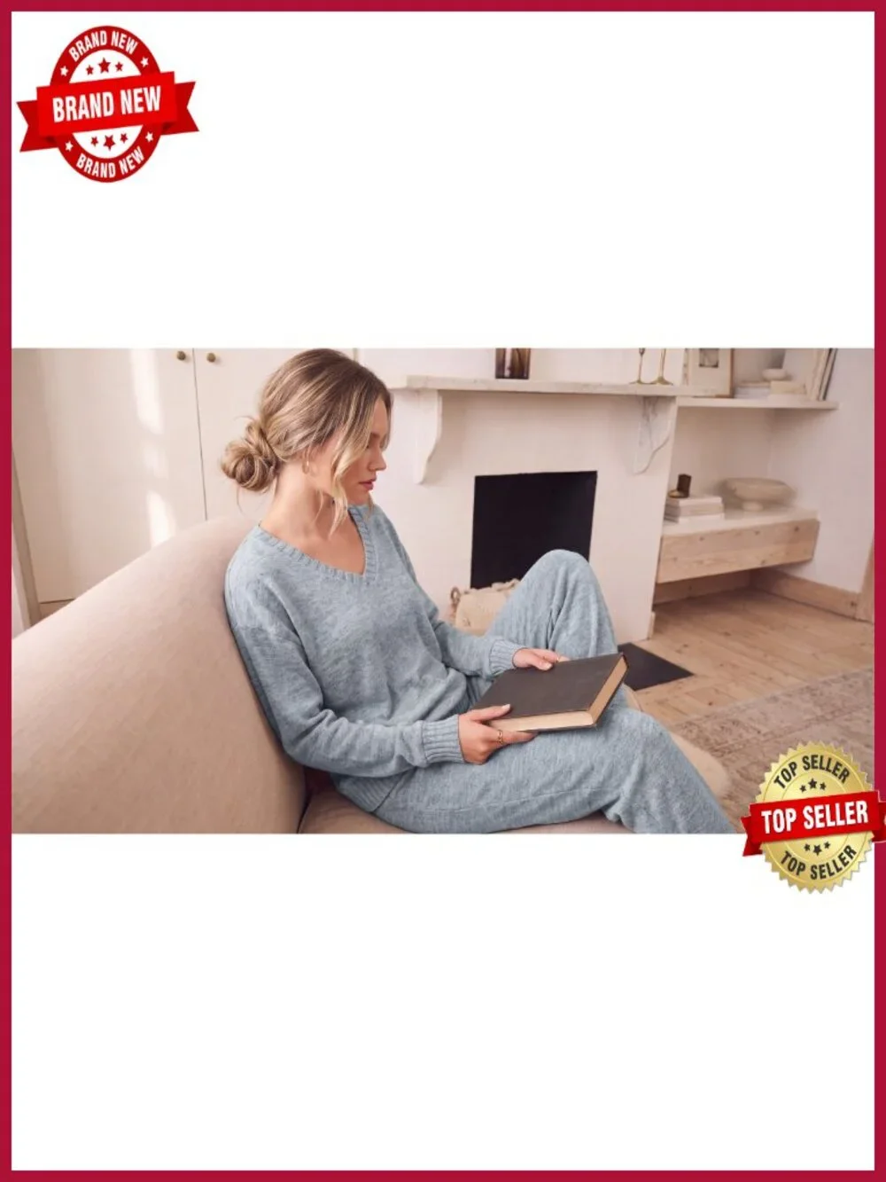 Women's Cozy Knit Pajama Set - Long Sleeve V-Neck Top & Wide Leg Pants